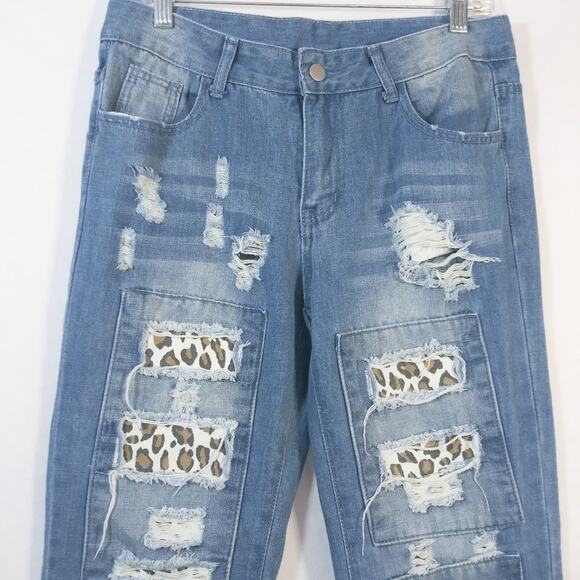 Sheilay High Waisted Ripped Leopard Patchwork Destroyed Jeans Size M - Picture 4 of 6